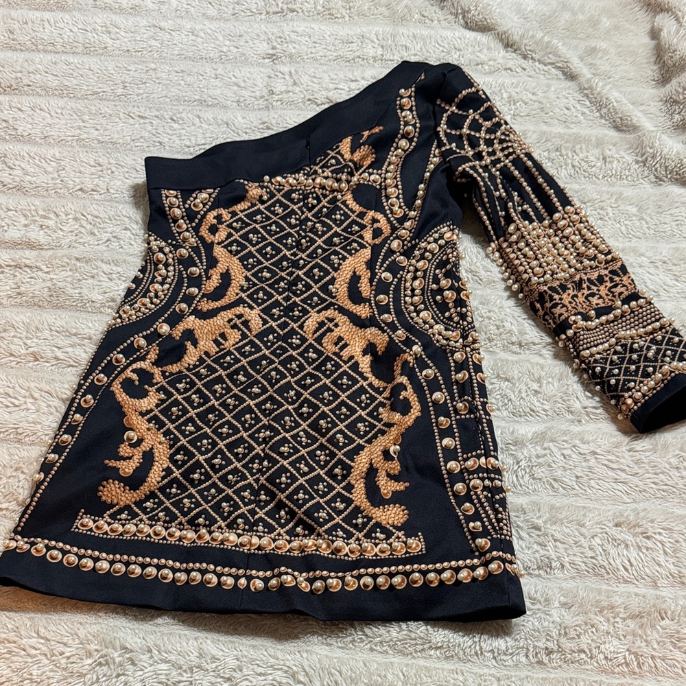 Black Gold Pearl Embellished One Shoulder Mini Dress | Statement - Picture 2 of 8